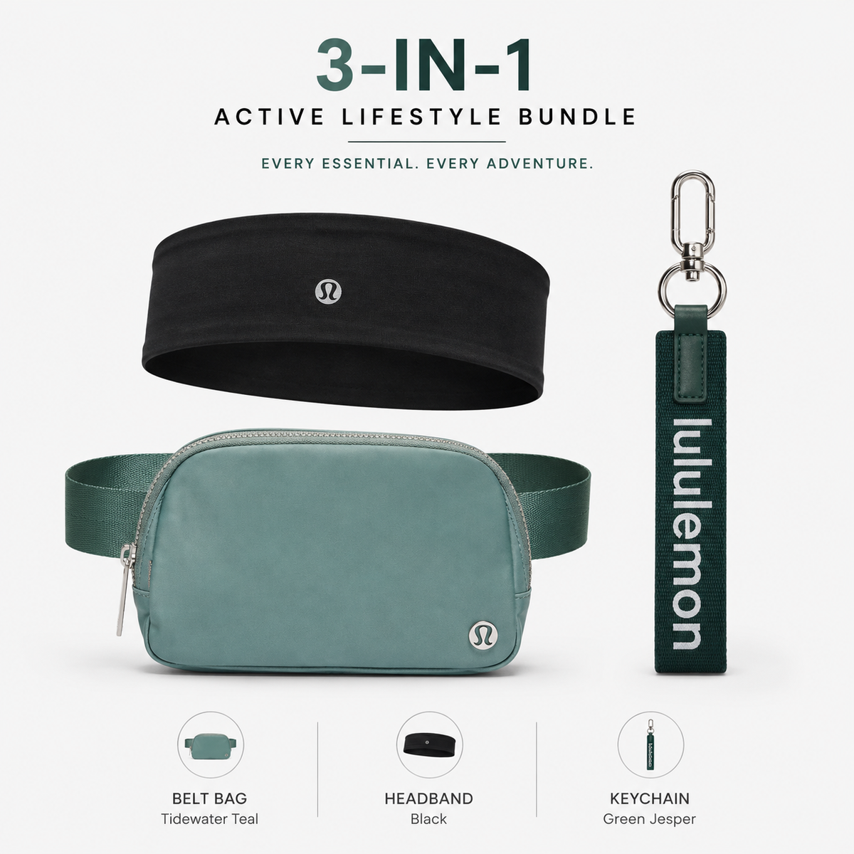 Lululemon Belt Bag 1L Tidewater Teal + Keychain Dark Green & Black Headband