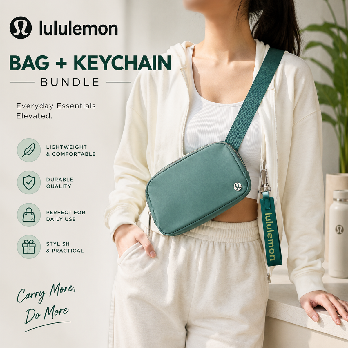 Lululemon Everywhere Belt Bag 1L - Tidewater Teal + Keychain - Green Jasper